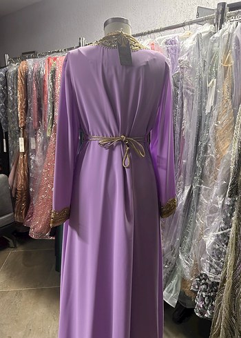 Diğer Boncuk İşlemeli Mor Uzun Kadın Elbise Fas kaftan