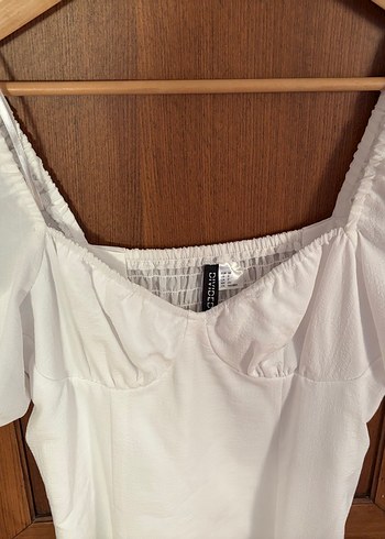 H&M Beyaz Midi Keten V Yakalı Elbise
