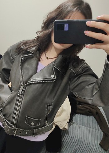 Gri Kadın Deri Biker Ceket - Görsel 2