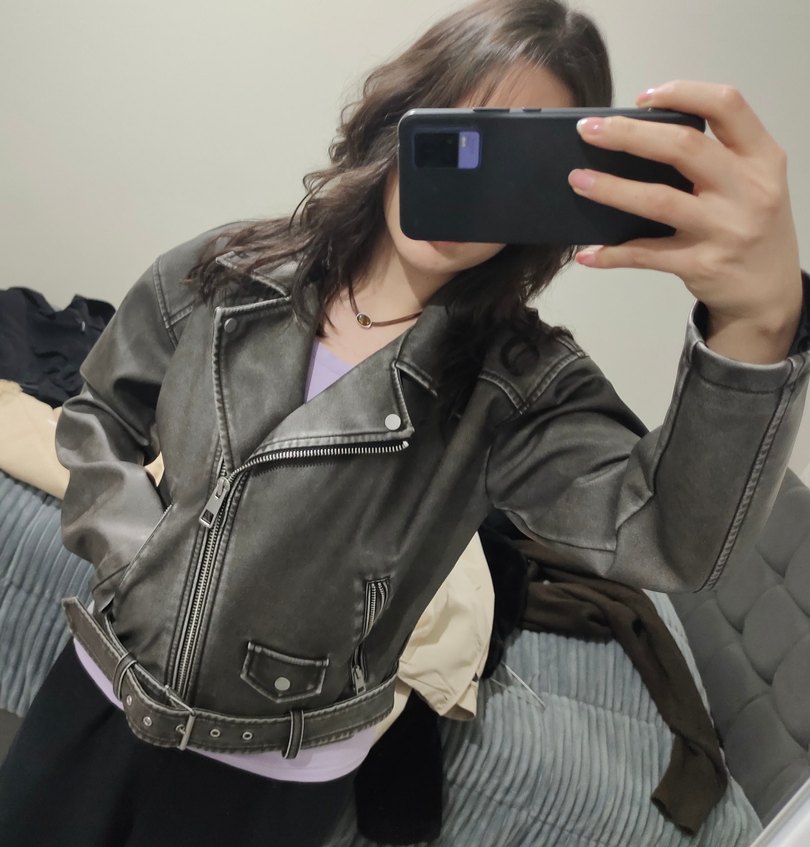 Gri Kadın Deri Biker Ceket - Görsel 2