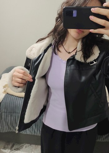 Kürk Detaylı Siyah Deri Kadın Ceket - Görsel 2