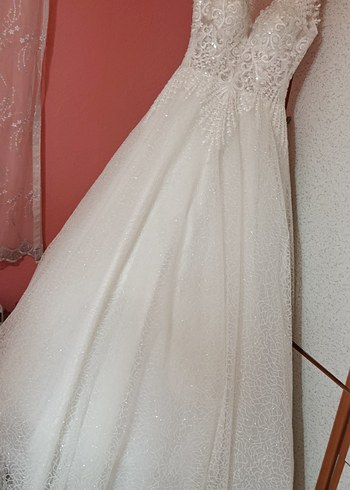 38 Beden V Yakalı Beyaz Bohem Vintage Gelinlik