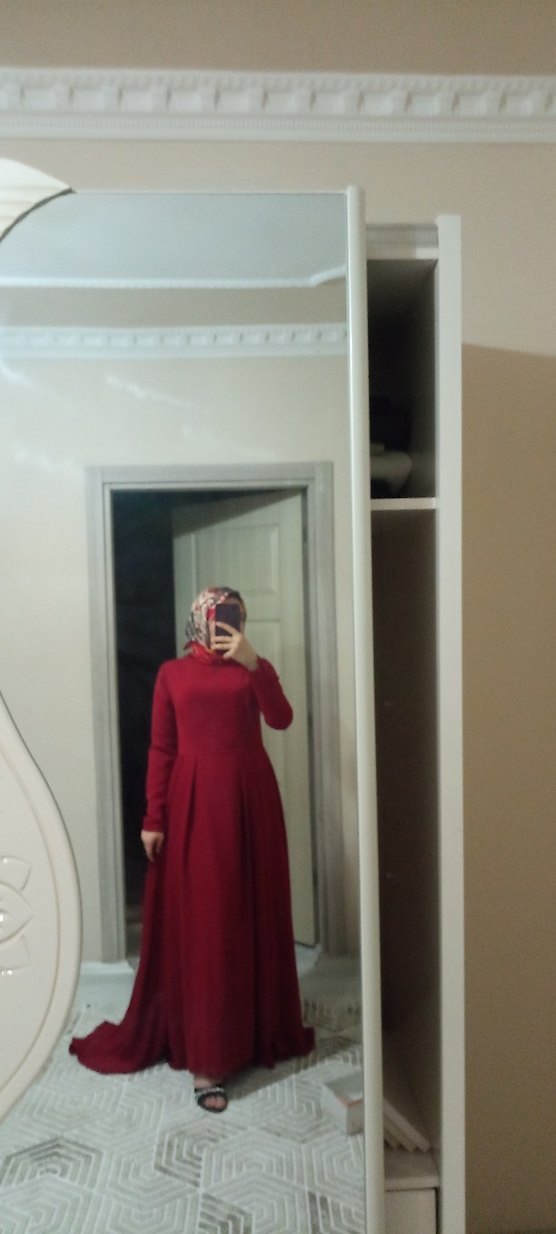 Bordo Uzun Kollu Drapeli Kadın Elbise - Görsel 3