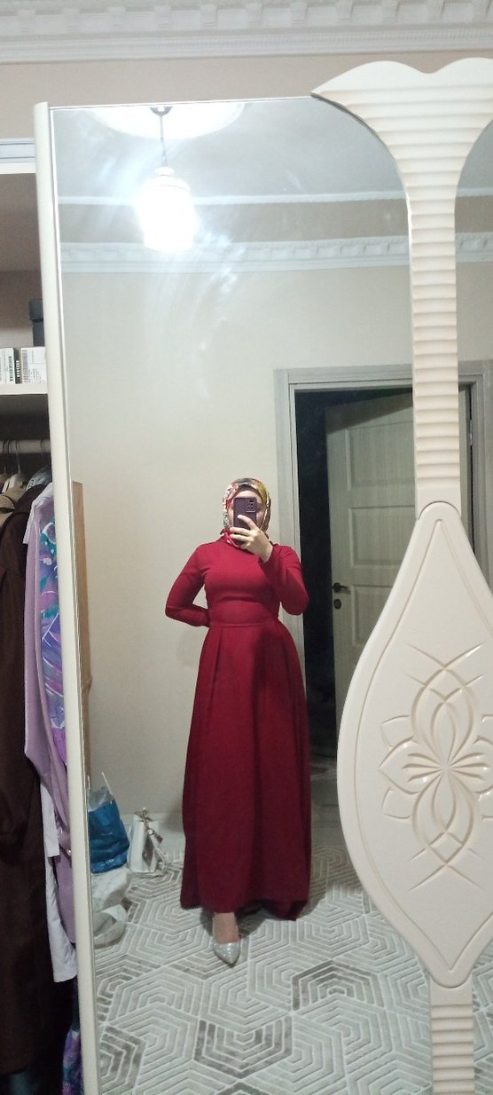 Bordo Uzun Kollu Drapeli Kadın Elbise - Görsel 2