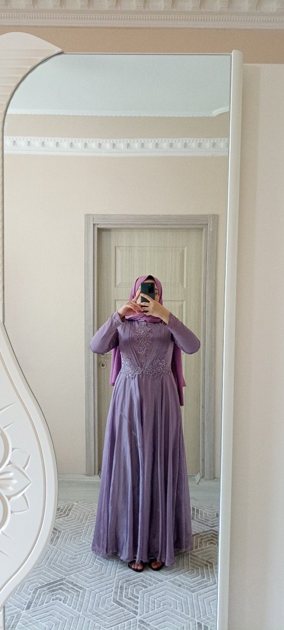 Mor Nakışlı Uzun Bohem Tesettür Elbise - Görsel 5