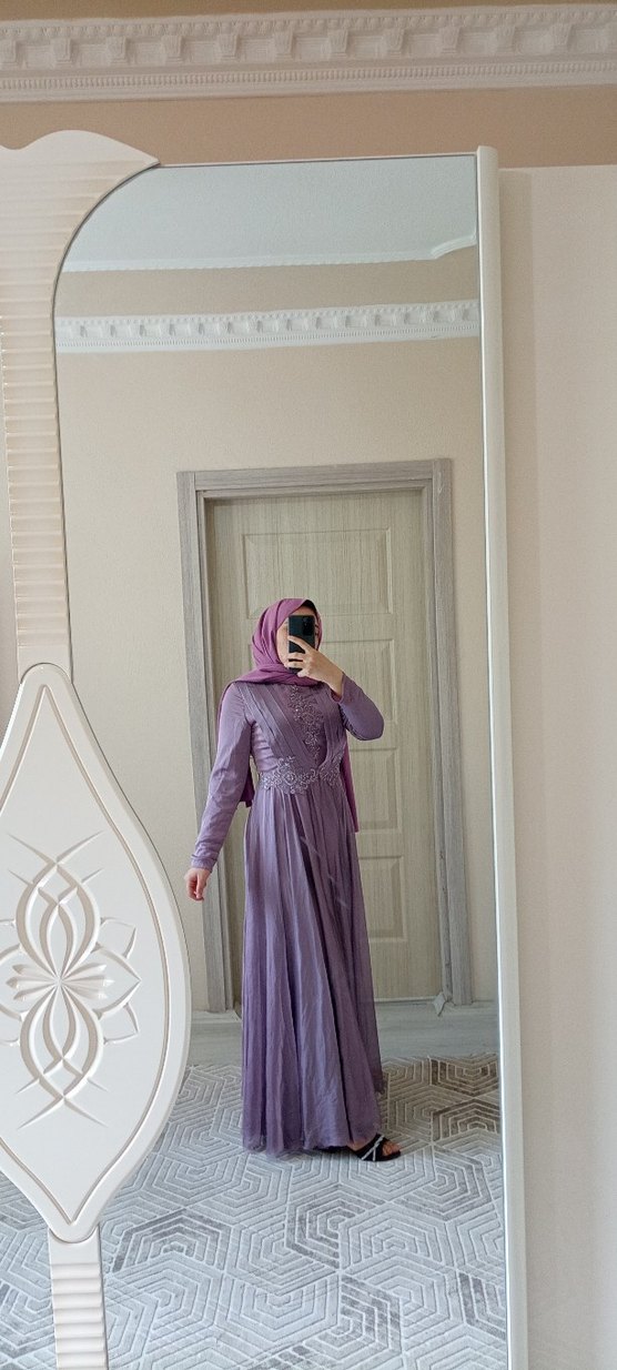 Mor Nakışlı Uzun Bohem Tesettür Elbise - Görsel 2