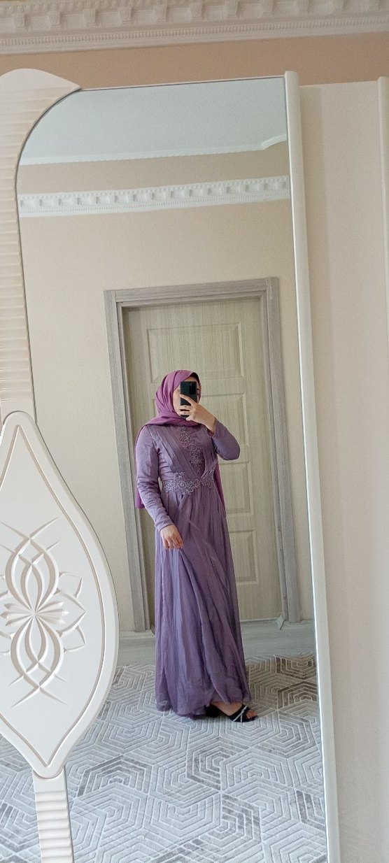 Mor Nakışlı Uzun Bohem Tesettür Elbise - Görsel 4