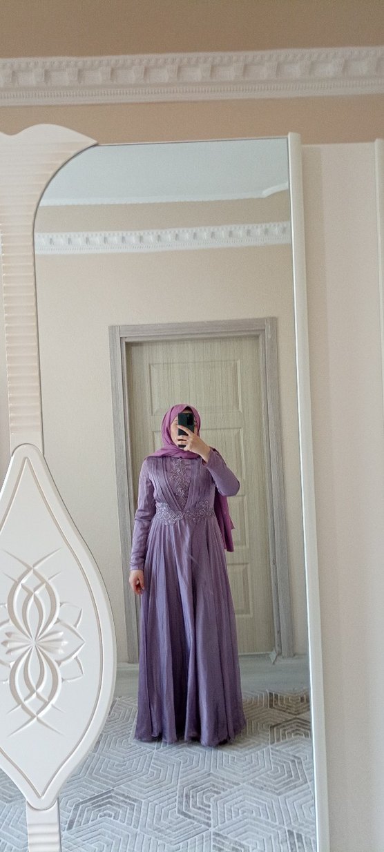 Mor Nakışlı Uzun Bohem Tesettür Elbise - Görsel 3