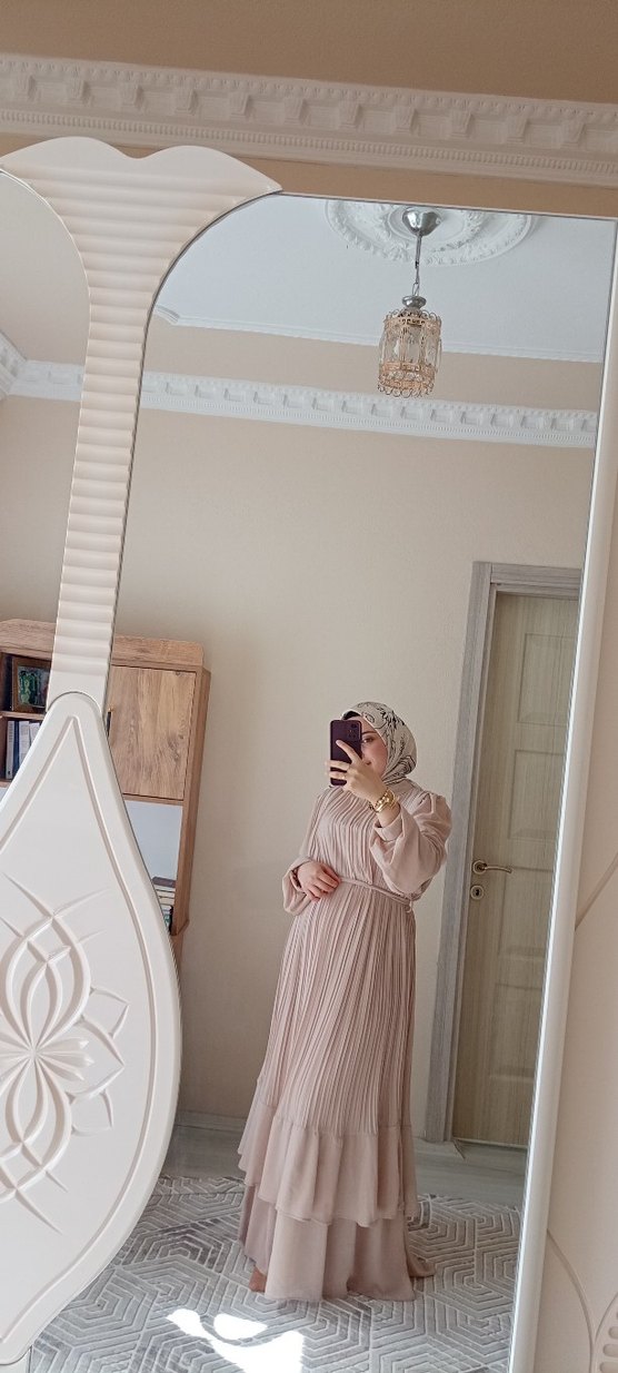 Bej Piliseli Uzun Keten Elbise - Görsel 4