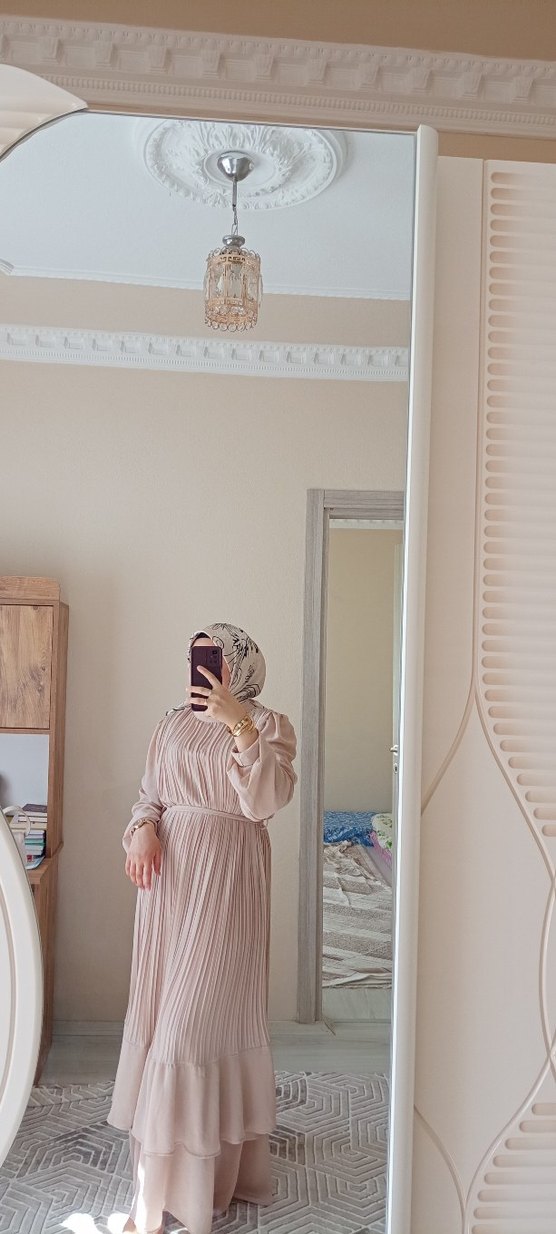 Bej Piliseli Uzun Keten Elbise - Görsel 2