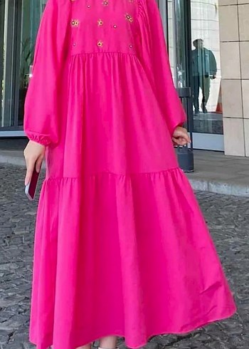 Pembe Nakışlı Bohem Uzun Elbise - Görsel 2