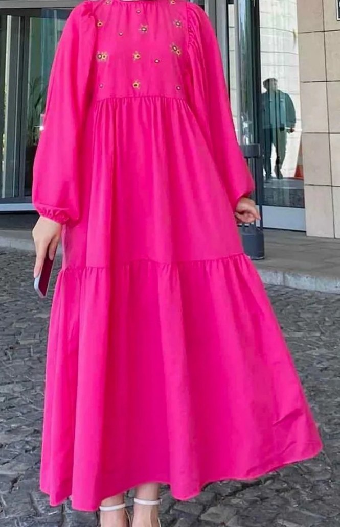 Pembe Nakışlı Bohem Uzun Elbise - Görsel 2