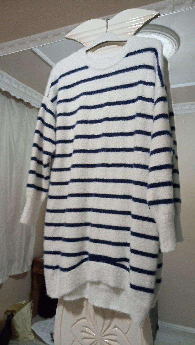 Çizgili Gri-Beyaz Uzun Kollu Triko kazak - Görsel 3