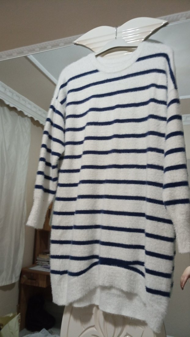 Çizgili Gri-Beyaz Uzun Kollu Triko kazak - Görsel 2