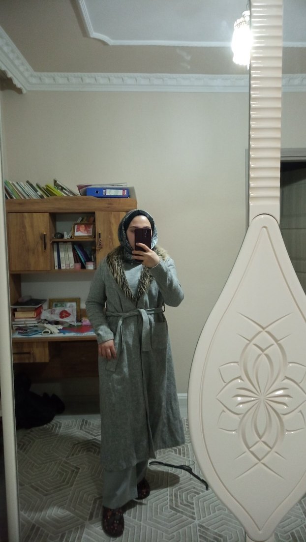 Gri Uzun Kadın Yün Kaban - Görsel 3