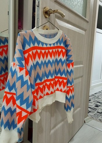 Renkli Geometrik Desenli Kadın Triko Kazak - Görsel 3