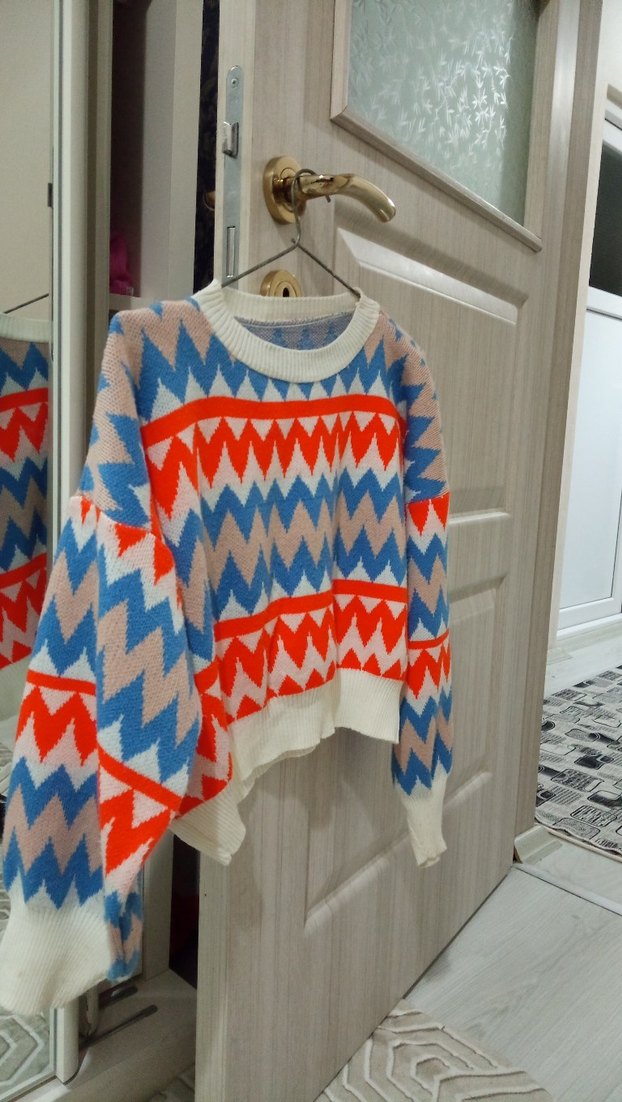 Renkli Geometrik Desenli Kadın Triko Kazak - Görsel 3