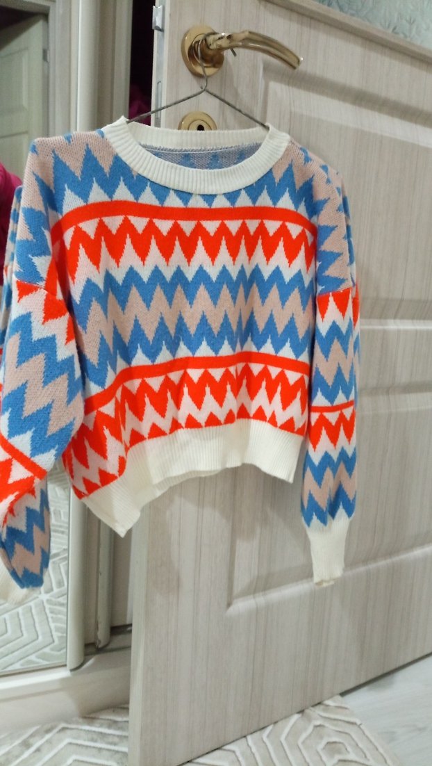 Renkli Geometrik Desenli Kadın Triko Kazak - Görsel 4