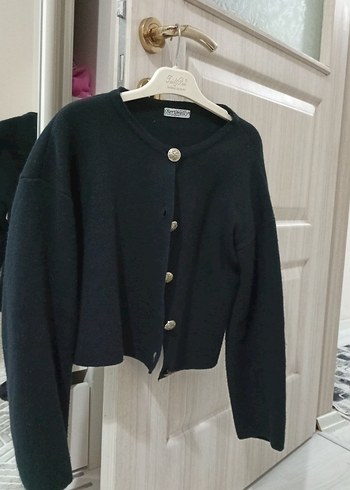 Düğmeli Siyah Kısa Triko Hırka - Görsel 2