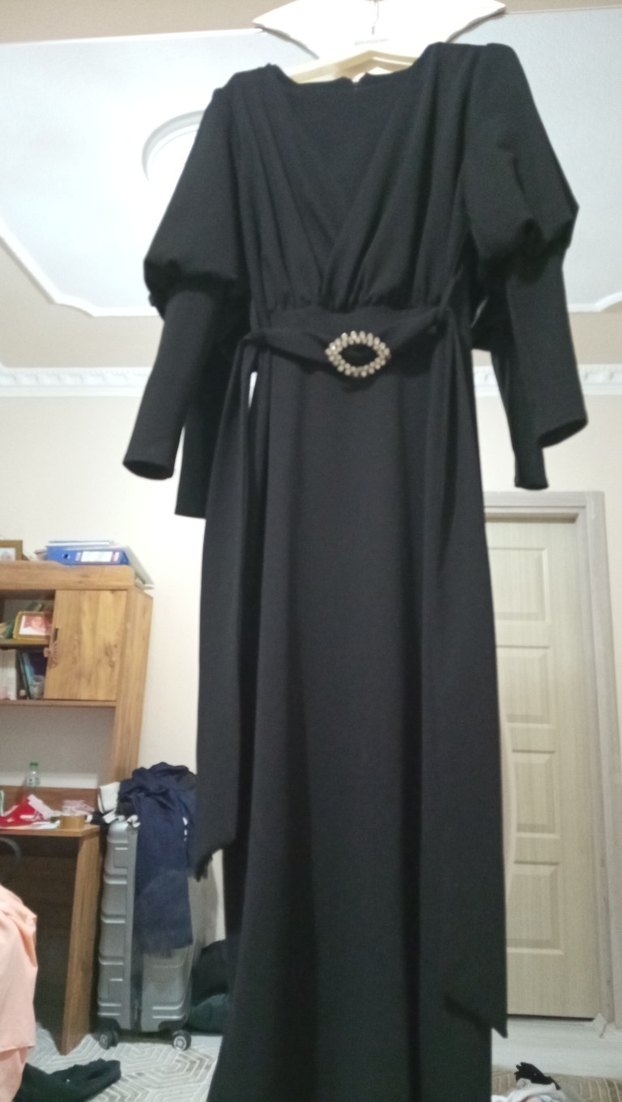 Siyah Uzun Drapeli V Yaka Kadın Elbise - Görsel 3