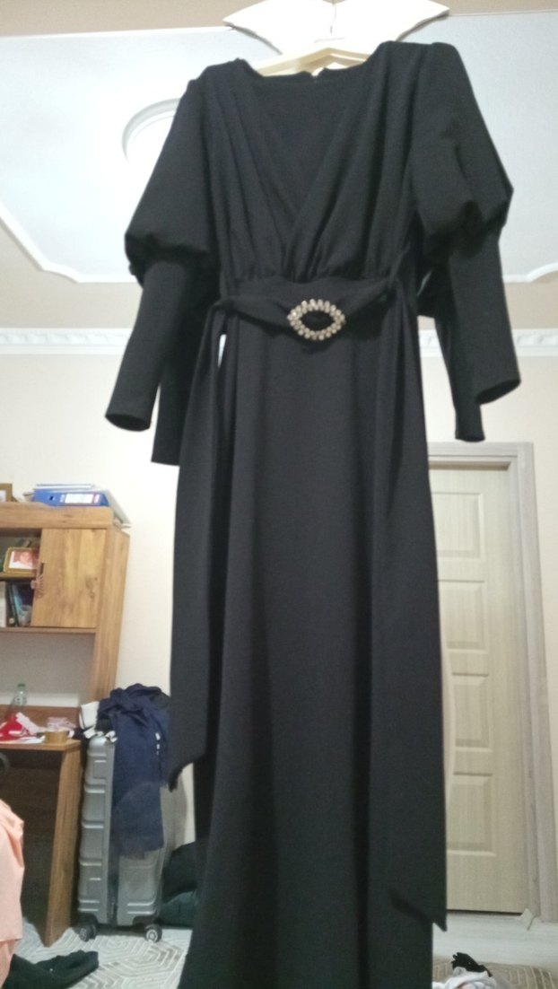 Siyah Uzun Drapeli V Yaka Kadın Elbise - Görsel 2