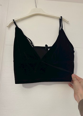 Siyah V Yaka İnce Askılı Bustiyer kadife dokulı - Görsel 2