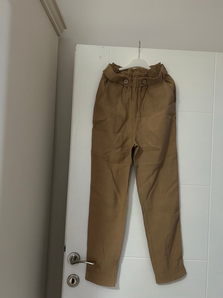 Bej -Gri Çizgili Kemerli Kadın Keten Pantolonlar 2 li fiyatıdır - Görsel 2