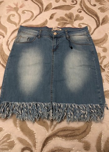 Püsküllü Mavi Denim Mini Etek
