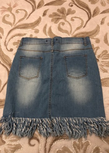 Diğer Püsküllü Mavi Denim Mini Etek