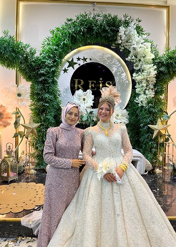 Uzun Kollu Yüksek Yakalı pembe  Bohem Elbise tesettür abiye - Görsel 7