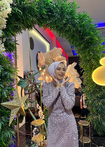 Uzun Kollu Yüksek Yakalı pembe  Bohem Elbise tesettür abiye - Görsel 3