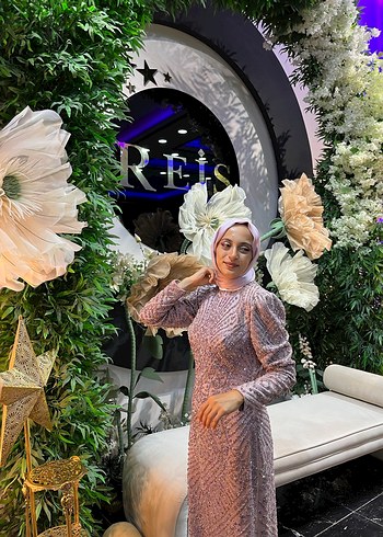 Uzun Kollu Yüksek Yakalı pembe  Bohem Elbise tesettür abiye - Görsel 6