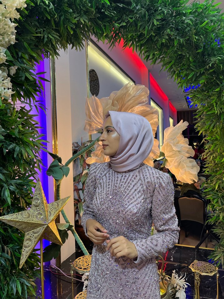 Uzun Kollu Yüksek Yakalı pembe  Bohem Elbise tesettür abiye - Görsel 2