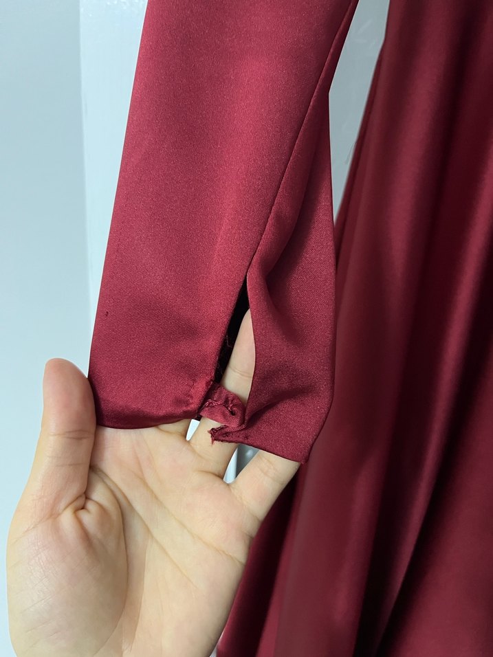 Bordo İşlemeli Uzun Kollu Abiye Elbise - Görsel 4