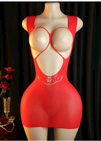 Kırmızı V Yakalı Dantel Detaylı Mini Elbise - Görsel 7