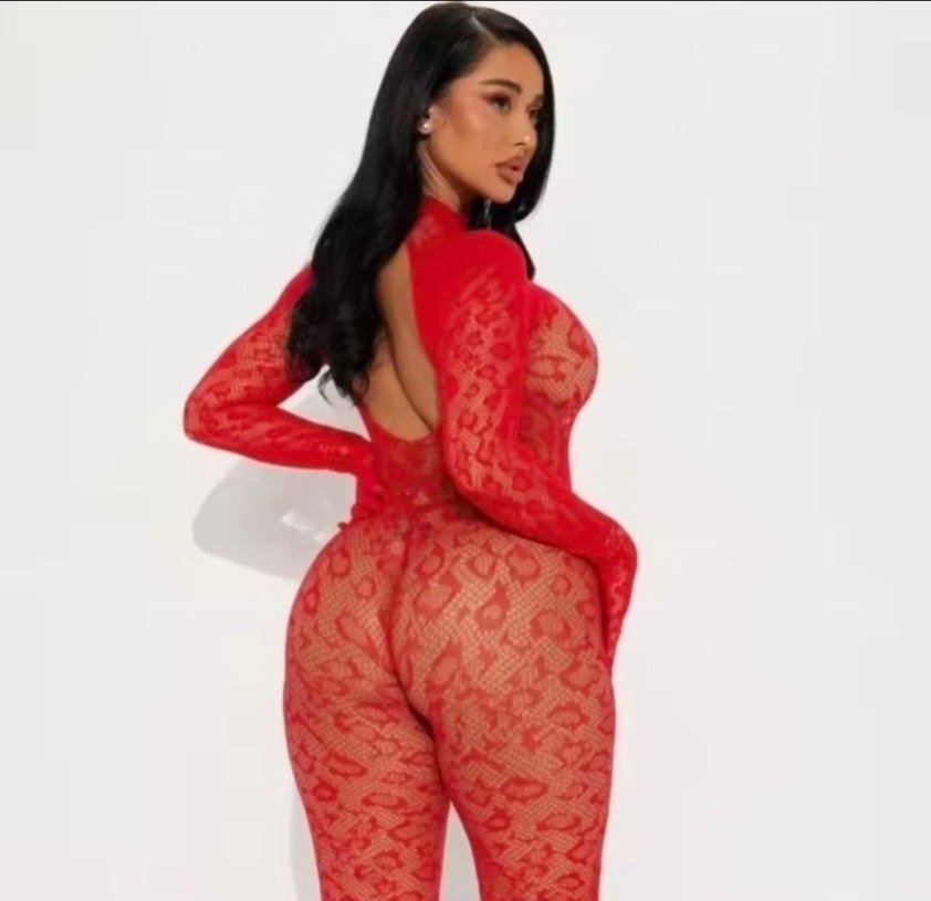 Kırmızı Dantel Leopar Desenli Vücut Çorabı - Görsel 2