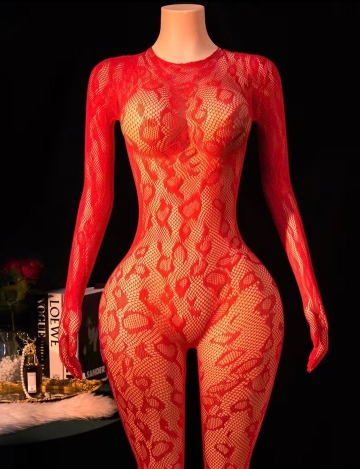 Kırmızı Dantel Leopar Desenli Vücut Çorabı - Görsel 5