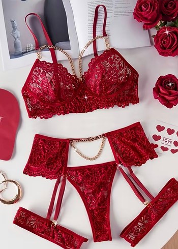 Bordo İşlemeli Zincir Detaylı Kadın Jartiyer Takımı - Görsel 2