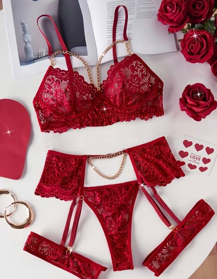 Bordo İşlemeli Zincir Detaylı Kadın Jartiyer Takımı - Görsel 2