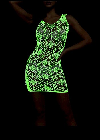 Karanlıkta Parlayan Neon Parlak Dantel Mini Elbise - Görsel 3