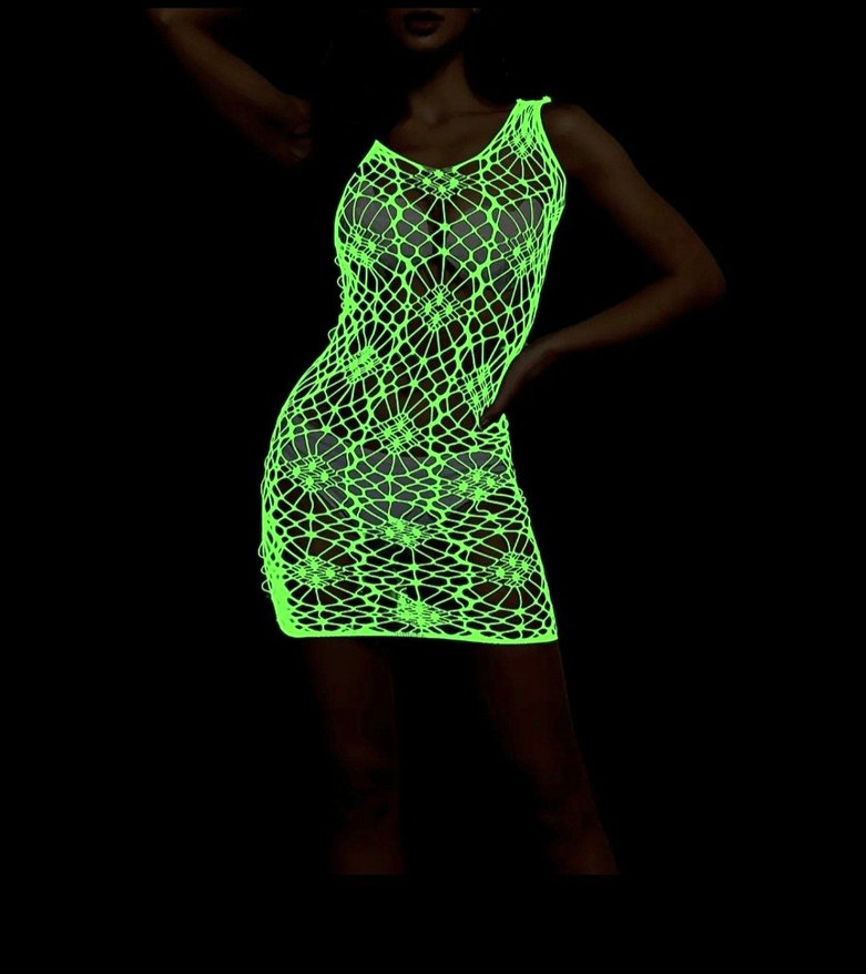 Karanlıkta Parlayan Neon Parlak Dantel Mini Elbise - Görsel 3