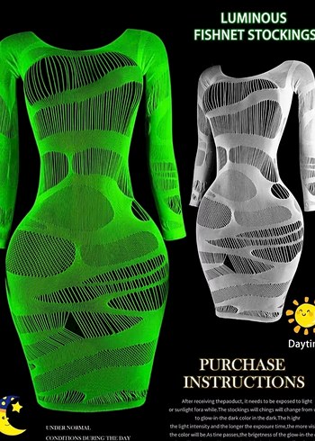 Neon Yeşil Karanlıkta Parlayan Transparan Mini Elbise - Görsel 4