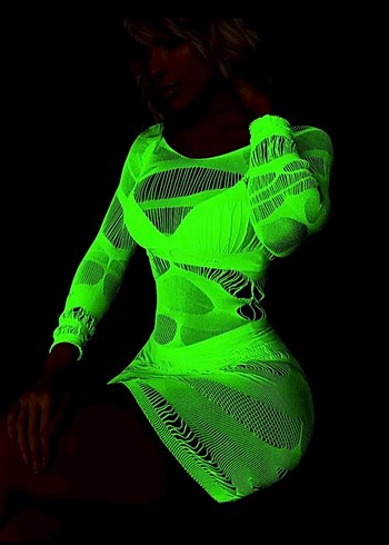 Neon Yeşil Karanlıkta Parlayan Transparan Mini Elbise - Görsel 2
