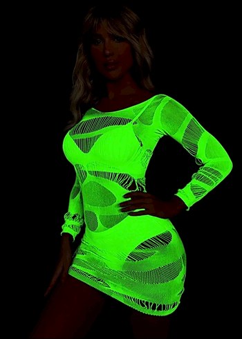 Neon Yeşil Karanlıkta Parlayan Transparan Mini Elbise - Görsel 3