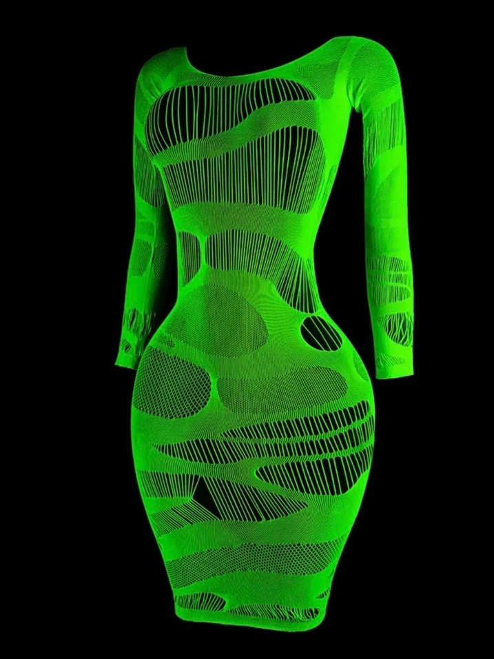 Neon Yeşil Karanlıkta Parlayan Transparan Mini Elbise - Görsel 5