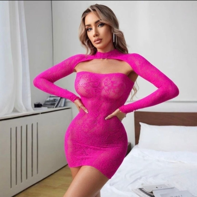 Fuşya Dantel Mini Elbise - Görsel 2