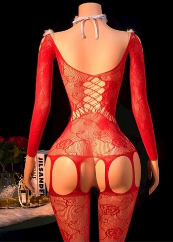 Kırmızı Dantel İşlemeli Noel Konseptli Vücut Çorabı - Görsel 8