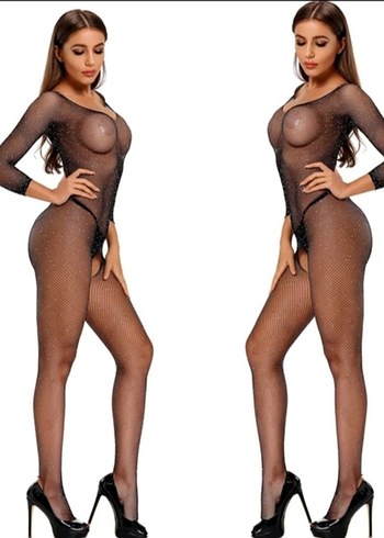 Siyah Parlak Taşlarla Kaplı File Vücut Çorabı - Görsel 6