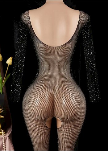 Siyah Parlak Taşlarla Kaplı File Vücut Çorabı - Görsel 8