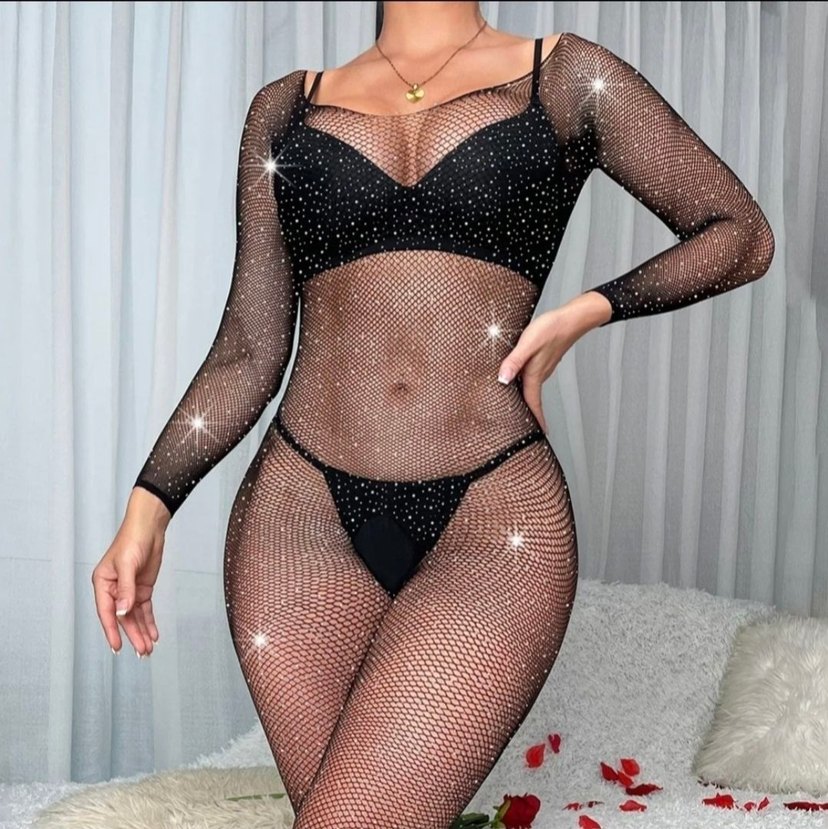 Siyah Parlak Taşlarla Kaplı File Vücut Çorabı - Görsel 3